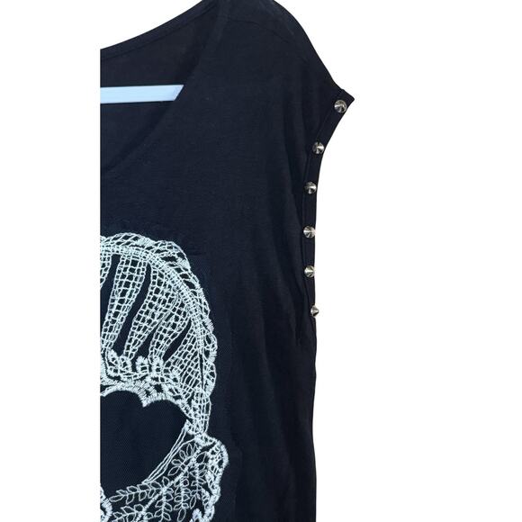 Edgy Girly Goth Black Embroidered Skull Tee Lace Punk Rock Grunge Sz Small Top - Picture 3 of 5